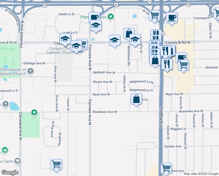 map of restaurants, bars, coffee shops, grocery stores, and more near 2000 Wheeler Street North in Roseville