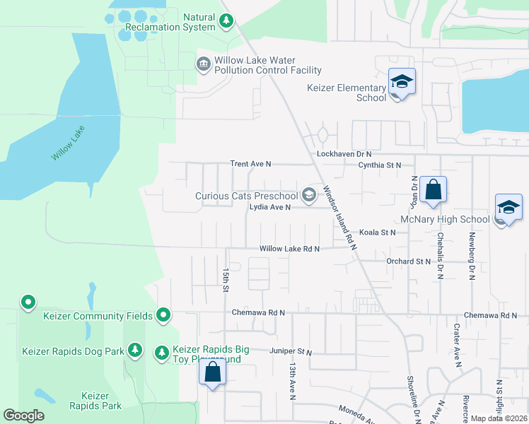map of restaurants, bars, coffee shops, grocery stores, and more near 1432 Lydia Avenue North in Salem