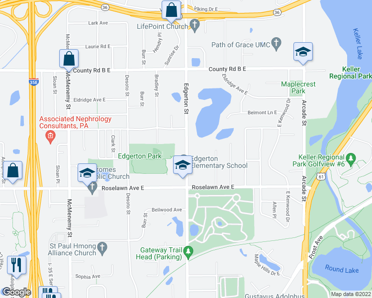 map of restaurants, bars, coffee shops, grocery stores, and more near 2001 Edgerton Street in Maplewood