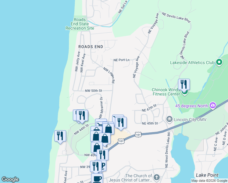 map of restaurants, bars, coffee shops, grocery stores, and more near 4990 Northeast Logan Road in Lincoln City