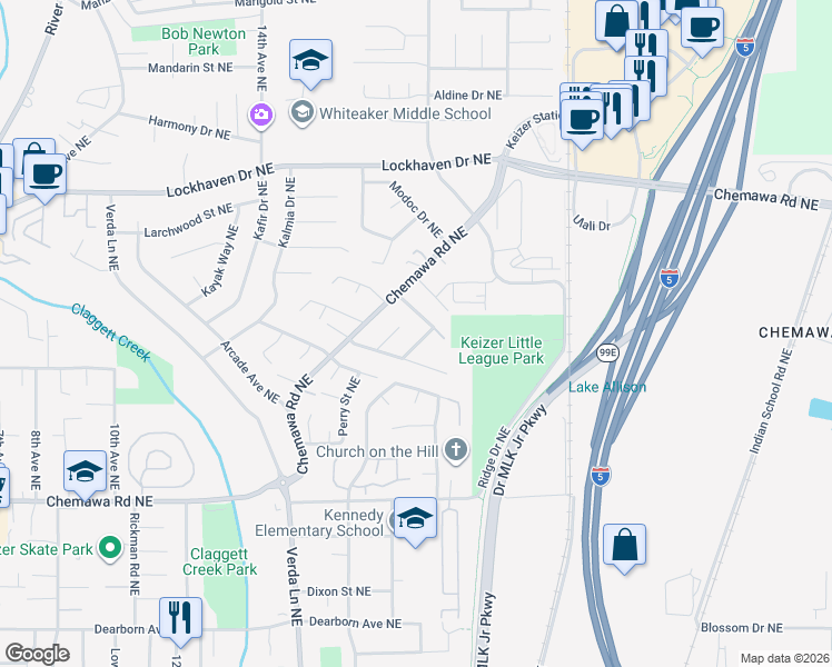 map of restaurants, bars, coffee shops, grocery stores, and more near 5347 Queens Avenue Northeast in Keizer