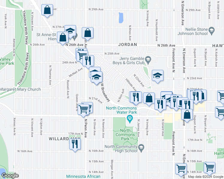map of restaurants, bars, coffee shops, grocery stores, and more near 2203 North James Avenue in Minneapolis