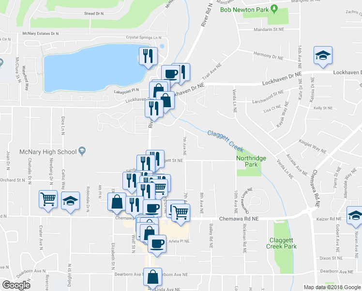 map of restaurants, bars, coffee shops, grocery stores, and more near 5283 7th Avenue Northeast in Keizer
