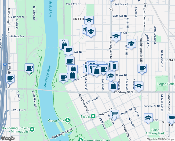map of restaurants, bars, coffee shops, grocery stores, and more near 1321 Northeast Main Street in Minneapolis