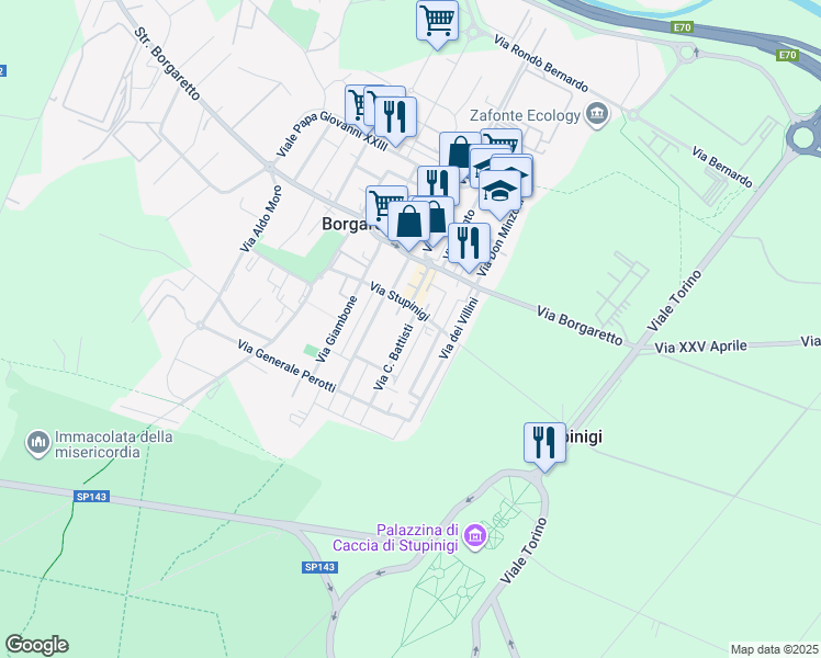 map of restaurants, bars, coffee shops, grocery stores, and more near 9 Via C. Battisti in Borgaretto