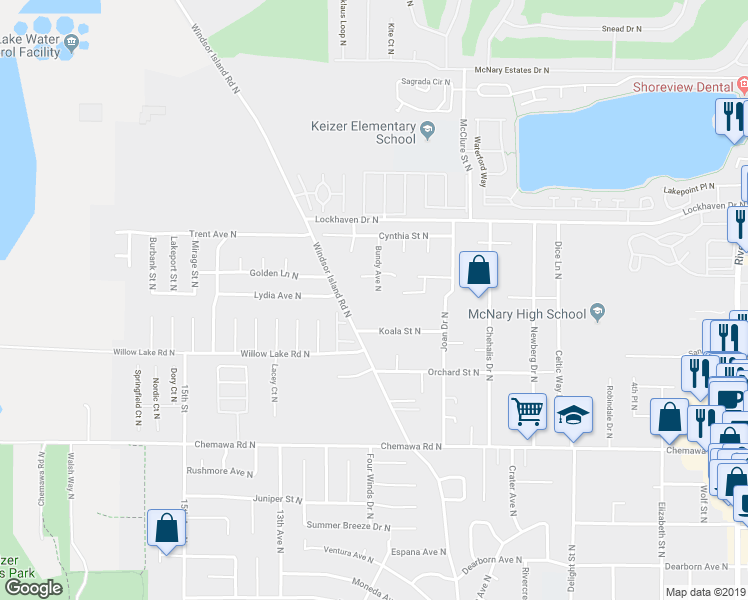 map of restaurants, bars, coffee shops, grocery stores, and more near 5335 Bundy Avenue North in Keizer