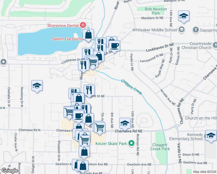map of restaurants, bars, coffee shops, grocery stores, and more near 764 Faymar Drive Northeast in Keizer