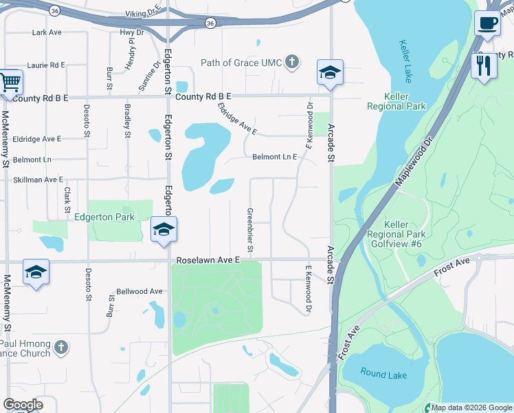 map of restaurants, bars, coffee shops, grocery stores, and more near 1999 Kenwood Drive West in Maplewood