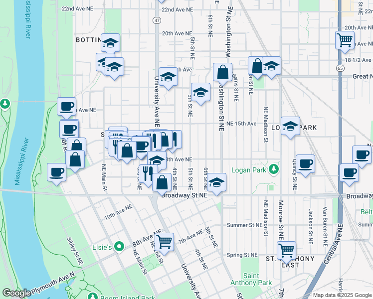 map of restaurants, bars, coffee shops, grocery stores, and more near in Minneapolis