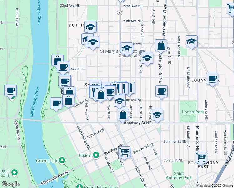 map of restaurants, bars, coffee shops, grocery stores, and more near 1317 3rd Street Northeast in Minneapolis