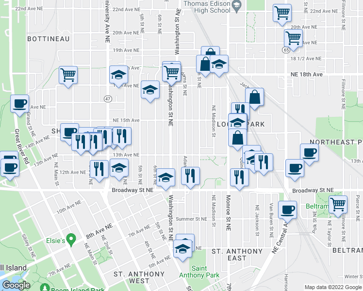 map of restaurants, bars, coffee shops, grocery stores, and more near 1316 Adams Street Northeast in Minneapolis