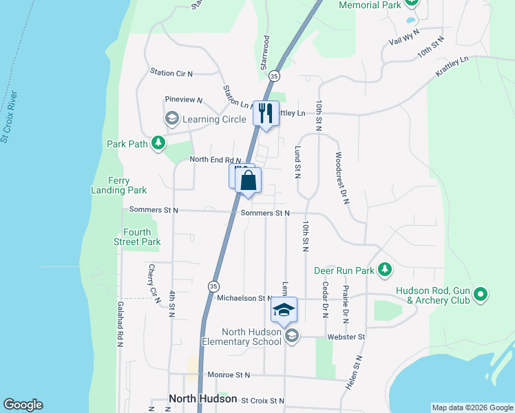map of restaurants, bars, coffee shops, grocery stores, and more near 755 Sommers Street North in Hudson