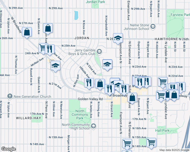 map of restaurants, bars, coffee shops, grocery stores, and more near 1523 North 22nd Avenue in Minneapolis