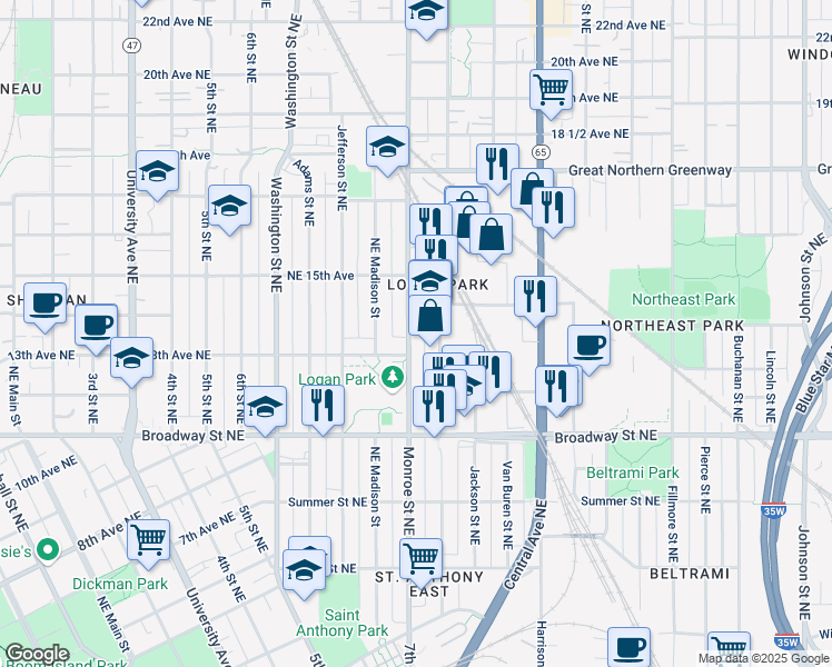 map of restaurants, bars, coffee shops, grocery stores, and more near 1317 Monroe Street Northeast in Minneapolis