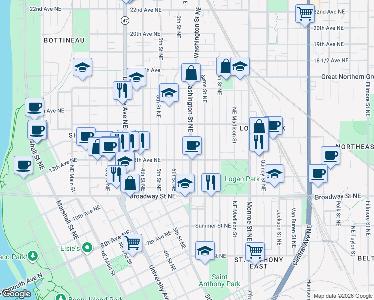 map of restaurants, bars, coffee shops, grocery stores, and more near 1318 Washington Street Northeast in Minneapolis