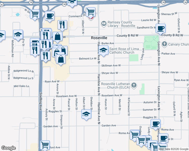map of restaurants, bars, coffee shops, grocery stores, and more near 1358 Shryer Avenue West in Roseville