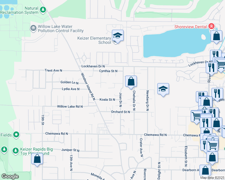 map of restaurants, bars, coffee shops, grocery stores, and more near 5332 Jeffrey Court North in Keizer