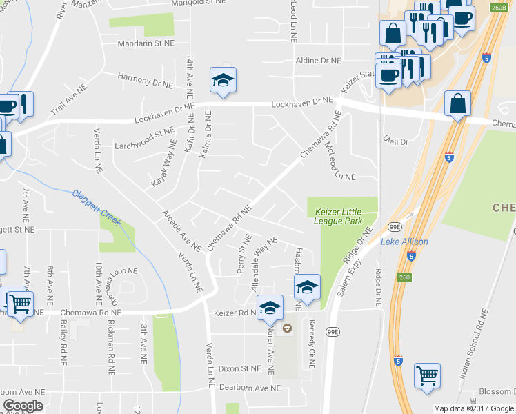 map of restaurants, bars, coffee shops, grocery stores, and more near 1734 Chemawa Road Northeast in Keizer