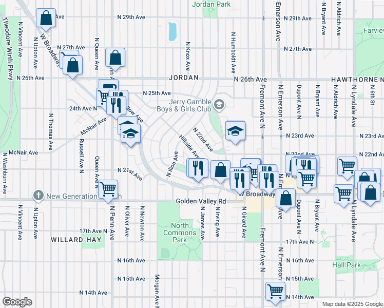 map of restaurants, bars, coffee shops, grocery stores, and more near 1607 Hillside Avenue North in Minneapolis