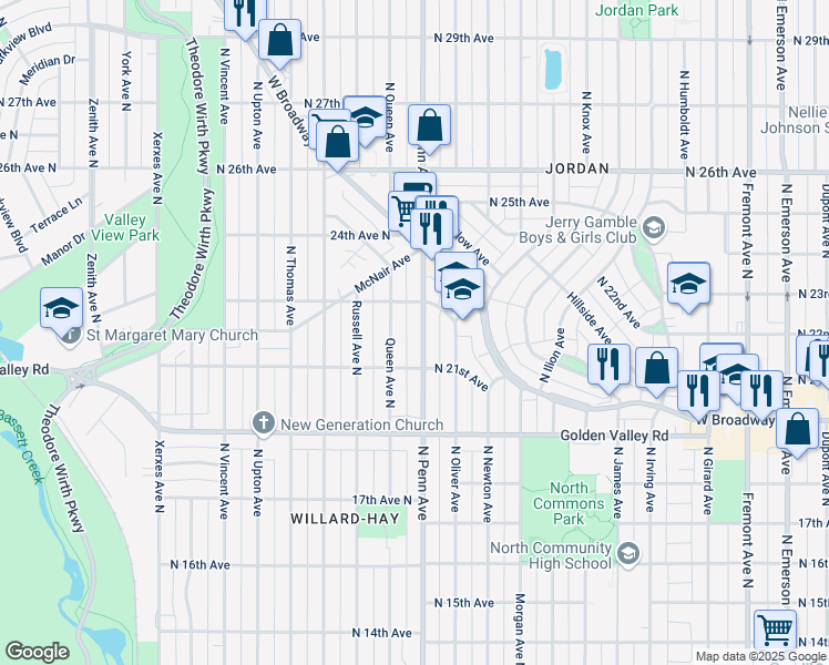 map of restaurants, bars, coffee shops, grocery stores, and more near 2131 North Penn Avenue in Minneapolis