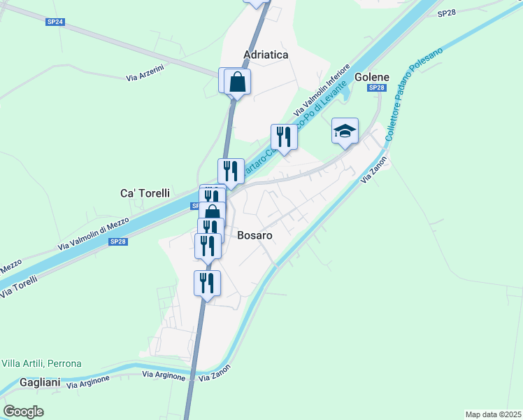 map of restaurants, bars, coffee shops, grocery stores, and more near 104 Via Padre Giuseppe Santi in Bosaro