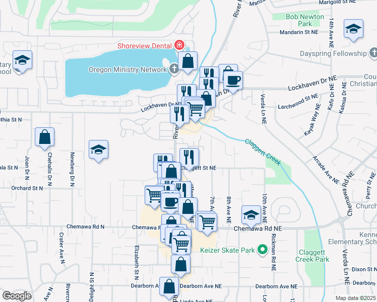 map of restaurants, bars, coffee shops, grocery stores, and more near 574 Rose Park Lane Northeast in Keizer