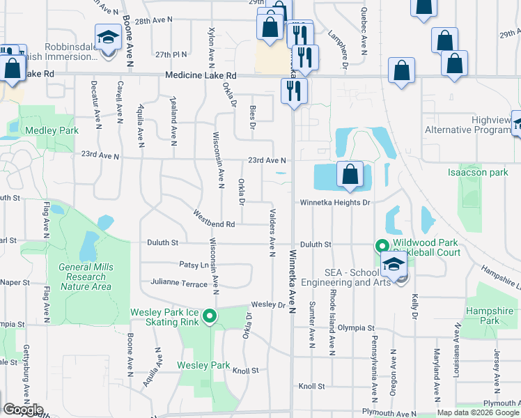 map of restaurants, bars, coffee shops, grocery stores, and more near 8071 Winnetka Heights Drive in Minneapolis