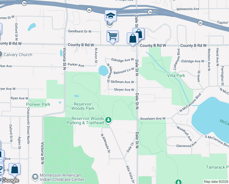 map of restaurants, bars, coffee shops, grocery stores, and more near 696 Shryer Avenue West in Roseville