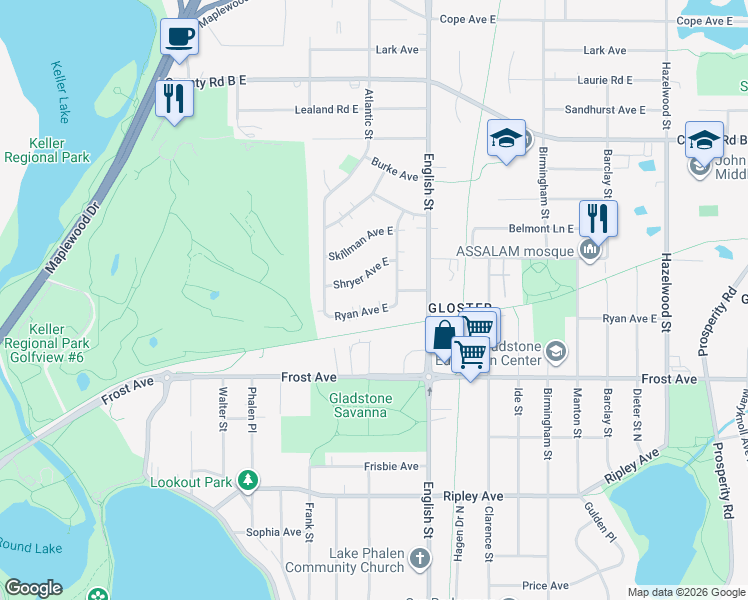 map of restaurants, bars, coffee shops, grocery stores, and more near 1249 Ryan Avenue East in Maplewood