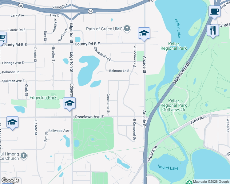 map of restaurants, bars, coffee shops, grocery stores, and more near 1999 Kenwood Drive West in Maplewood