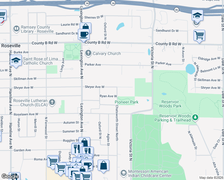 map of restaurants, bars, coffee shops, grocery stores, and more near 1004 Shryer Avenue West in Roseville