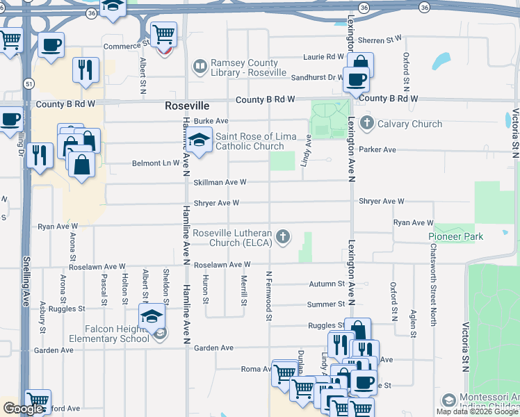 map of restaurants, bars, coffee shops, grocery stores, and more near 2000 North Fernwood Street in Roseville