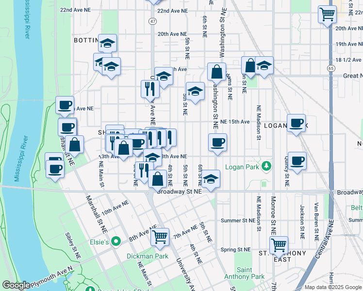 map of restaurants, bars, coffee shops, grocery stores, and more near in Minneapolis