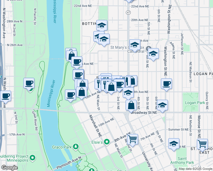 map of restaurants, bars, coffee shops, grocery stores, and more near 1321 Northeast Main Street in Minneapolis