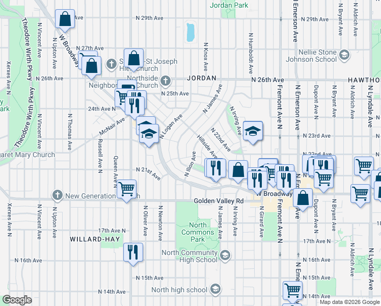 map of restaurants, bars, coffee shops, grocery stores, and more near 2113 North Ilion Avenue in Minneapolis