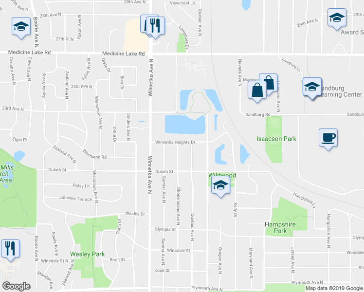 map of restaurants, bars, coffee shops, grocery stores, and more near 2040 Rhode Island Avenue North in Minneapolis