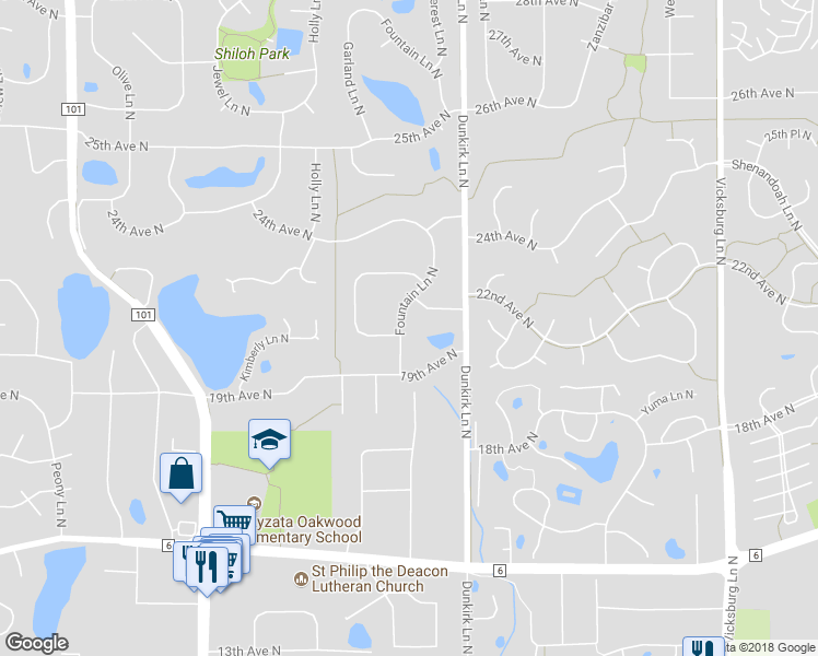 map of restaurants, bars, coffee shops, grocery stores, and more near 2110 Fountain Lane North in Plymouth