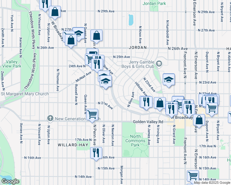 map of restaurants, bars, coffee shops, grocery stores, and more near 2011 West Broadway Avenue in Minneapolis