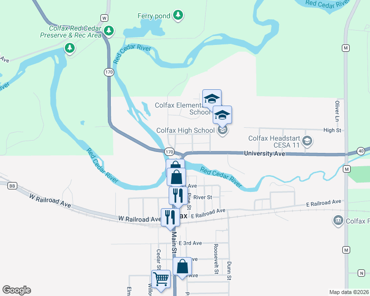 map of restaurants, bars, coffee shops, grocery stores, and more near 411 University Avenue in Colfax