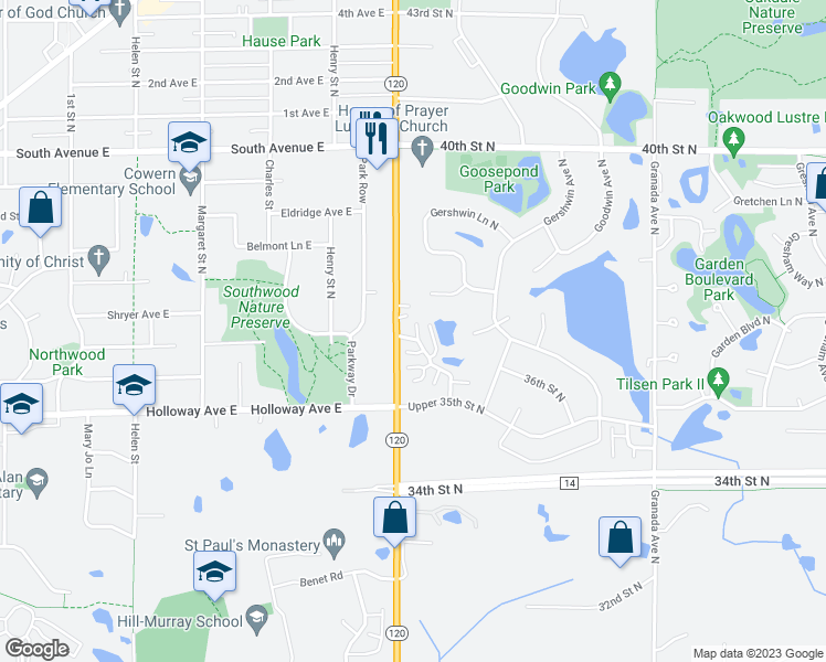 map of restaurants, bars, coffee shops, grocery stores, and more near 3633 Genevieve Avenue North in Oakdale