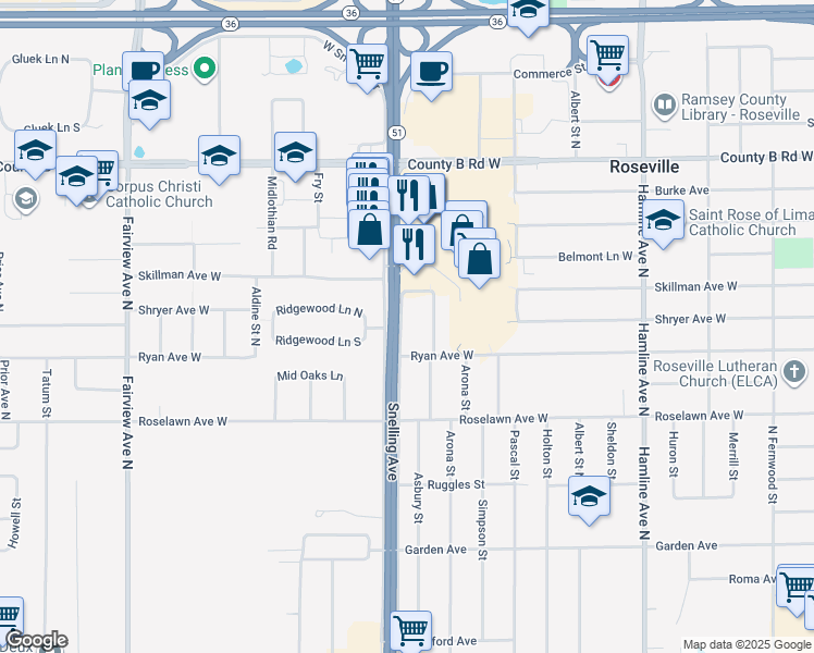 map of restaurants, bars, coffee shops, grocery stores, and more near 2010 North Snelling Drive in Roseville