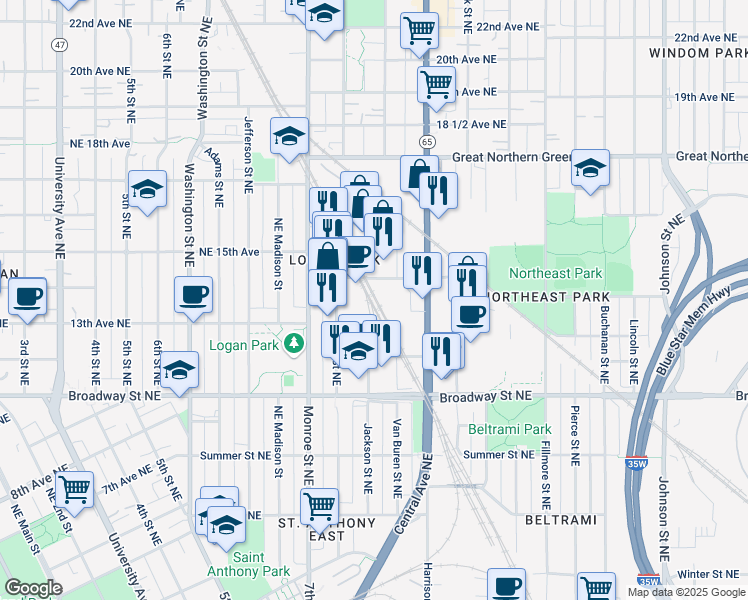 map of restaurants, bars, coffee shops, grocery stores, and more near 1301 Northeast Jackson Street in Minneapolis