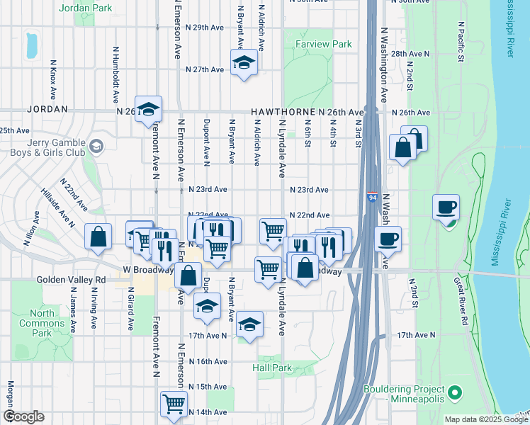 map of restaurants, bars, coffee shops, grocery stores, and more near 2200 North Aldrich Avenue in Minneapolis