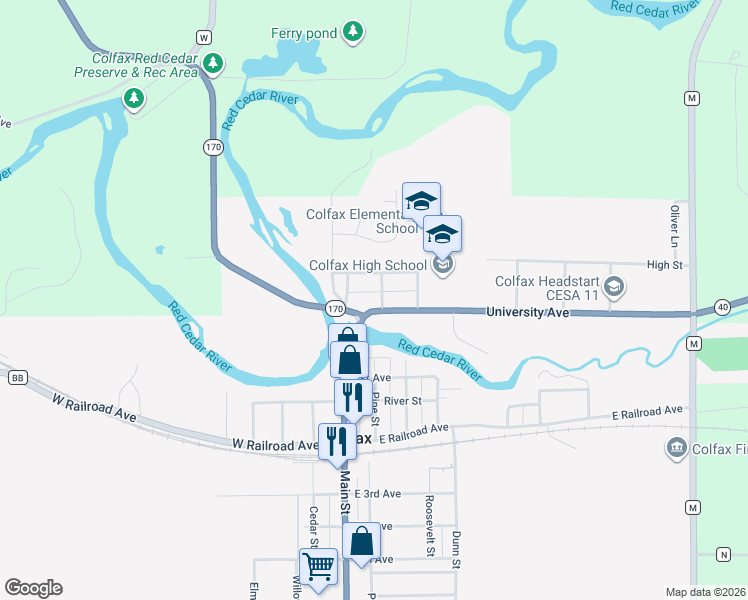 map of restaurants, bars, coffee shops, grocery stores, and more near 411 University Avenue in Colfax