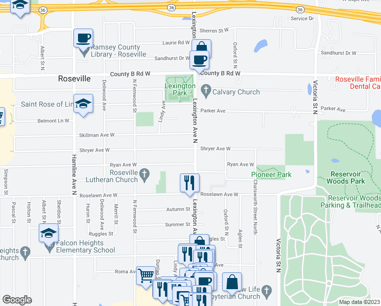 map of restaurants, bars, coffee shops, grocery stores, and more near 1995 Lexington Avenue North in Roseville