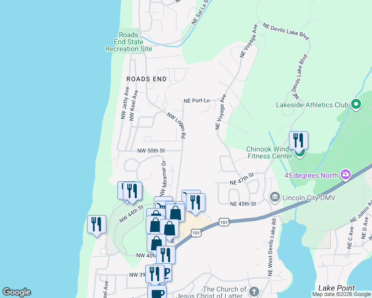 map of restaurants, bars, coffee shops, grocery stores, and more near 4990 Northeast Logan Road in Lincoln City