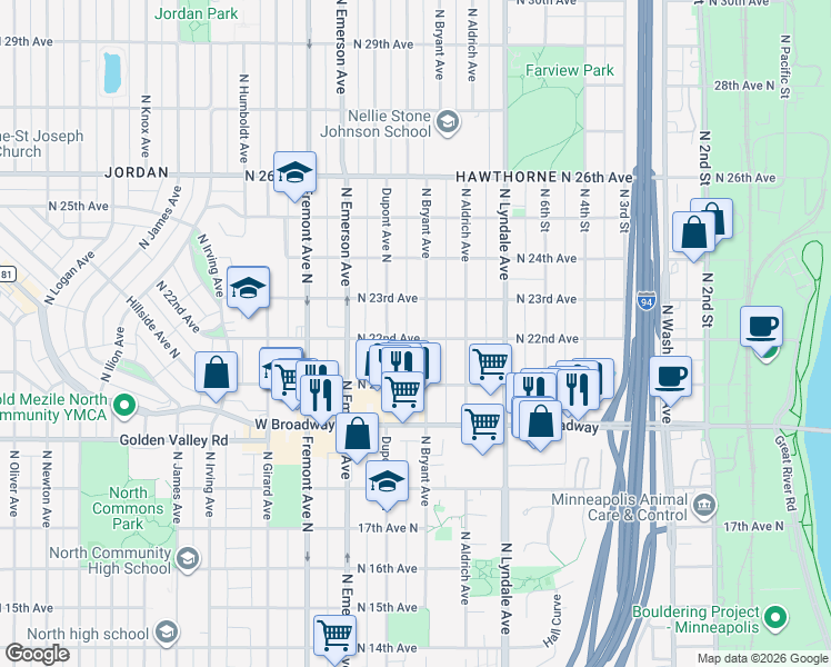 map of restaurants, bars, coffee shops, grocery stores, and more near 2131 North Bryant Avenue in Minneapolis