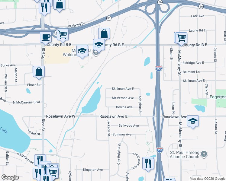 map of restaurants, bars, coffee shops, grocery stores, and more near 114 Skillman Avenue East in Maplewood