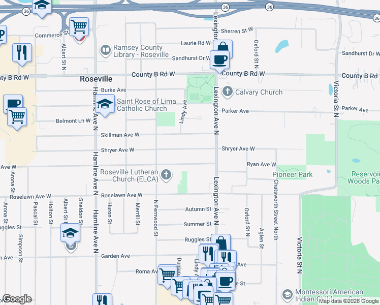 map of restaurants, bars, coffee shops, grocery stores, and more near 1152 Shryer Avenue West in Roseville