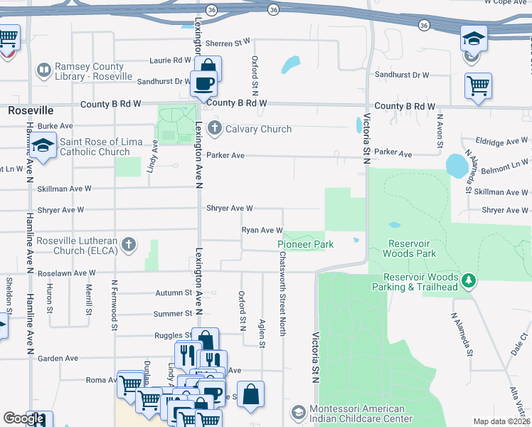 map of restaurants, bars, coffee shops, grocery stores, and more near 1004 Shryer Avenue West in Roseville